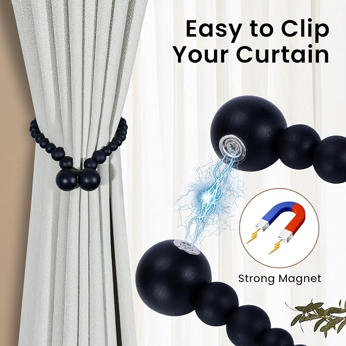 KLOGTSIND Magnetic Curtain Tiebacks, 6 Pack Wood Bead Curtain Holdbacks - Image 2