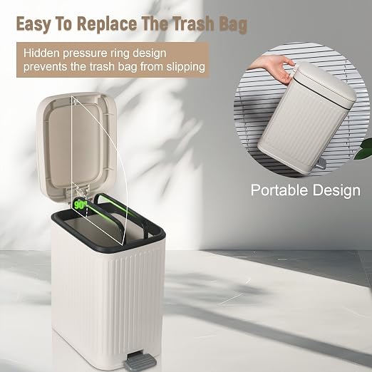 Small Bathroom Trash Can with Lid, 1.9 Gallon Slim Soft Close Step, Cream | - Image 5