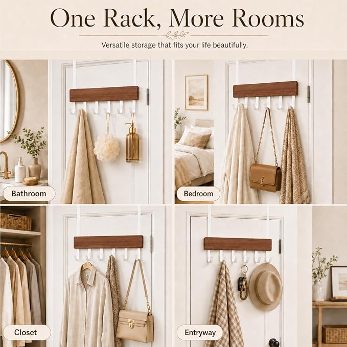 Peasulin Wood & Metal Over the Door Hooks, Sturdy 11IN Over the Door Hook Rack - Image 3