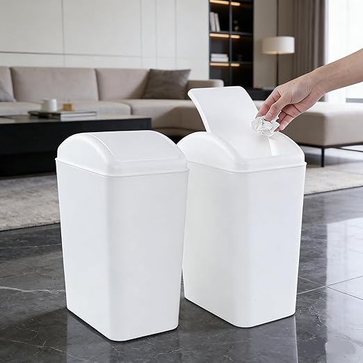3 Packs Swing Top Waste Container for Home and Kitchen, Plastic Slim Trash Can with Lid, 4.5 Gallon Capacity, White