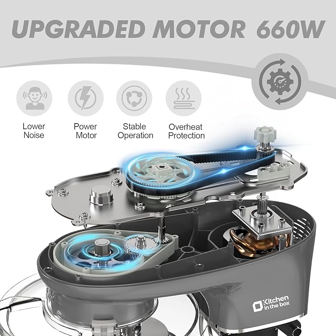 Kitchen in the box Stand Mixer, 6.5QT 660W Kitchen Electric Mixer, 6-Speed Tilt-Head Food Mixer with Dough Hook, Wire Whip and Beater (Grey)