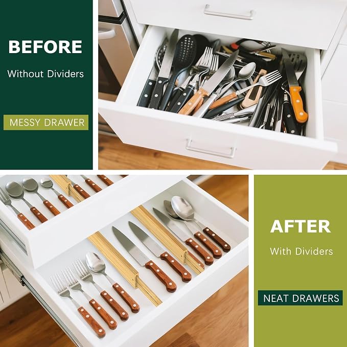 Kitchen Drawer Dividers 6 Pack Bamboo Drawer Organizers | 17-22" Adjustable - Image 2