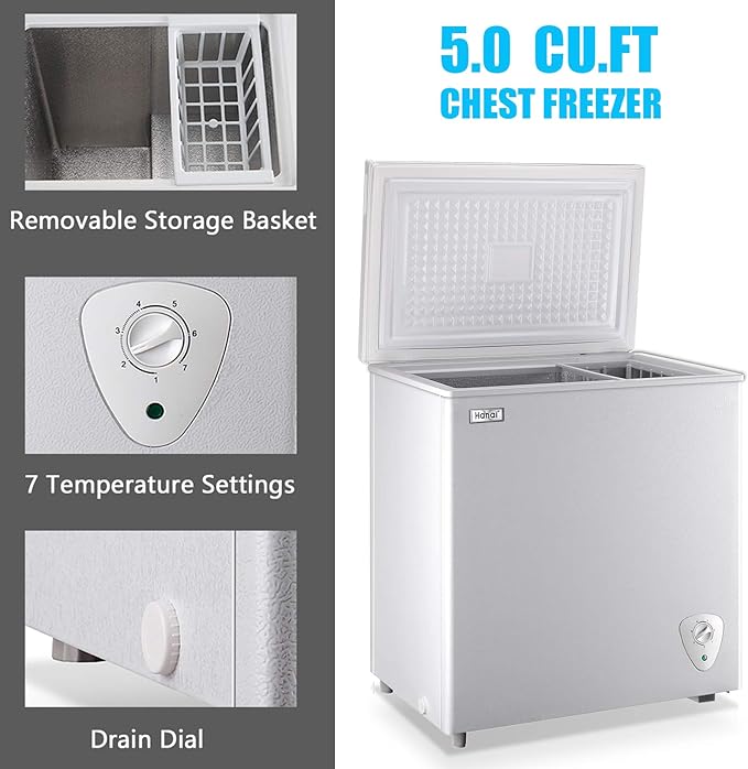 Chest Freezer Compact Deep Freezer WANAI 5.0 Cu.Ft for Garage Adjustable Temperature 7 Thermostat and Energy Saving Removable Basket for Garage Basement Dorm Apartment Kitchen Business