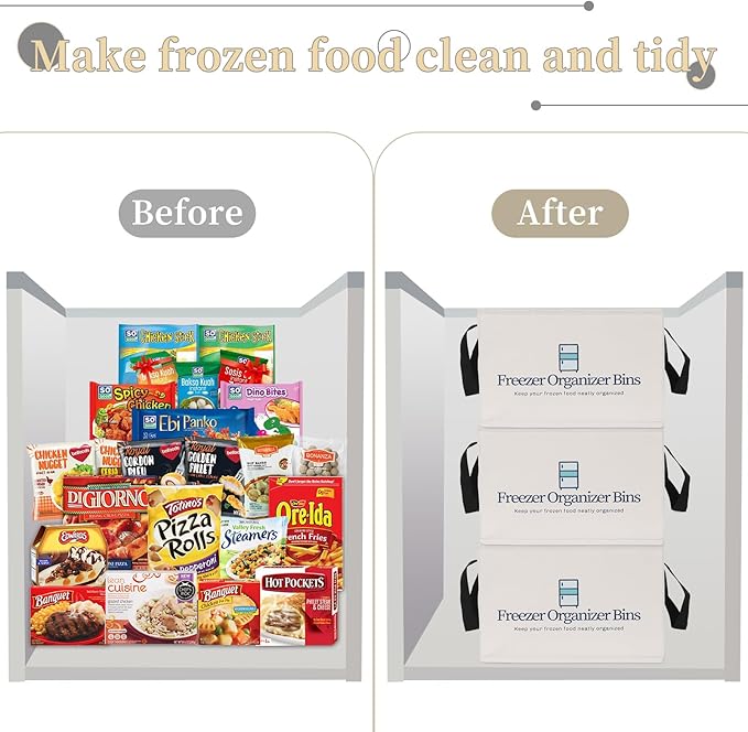Freezer Organizer Bins, 2 Pack Collapsible Deep Freezer Organizer Bins for 15"x14"x9", freezer Storage Bins with Removable Dividers, Handles (Light Grey, 2 Pack)