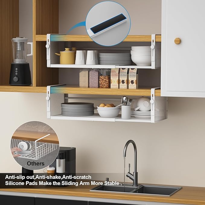 2Pack Under Shelf Basket, Adjustable Hanging Under Cabinet Shelf Storage, Hanging Holder Length Stretchable 14.9-22.6Inch for Kitchen Pantry Desk Counter Bookshelf Cupboard (White)