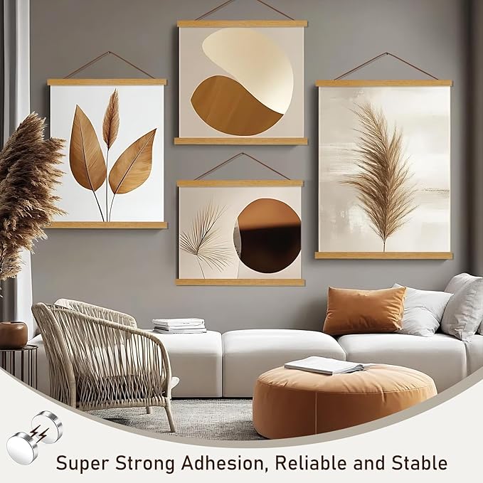 2 Pack Magnetic Poster Hanger Frame, 24x36 24x32 24x18 Light Wood Wooden Magnet Canvas Artwork Print Dowel Poster Hangers Frames Hanging Kit (Teak Wood, 24", 2 Packs)