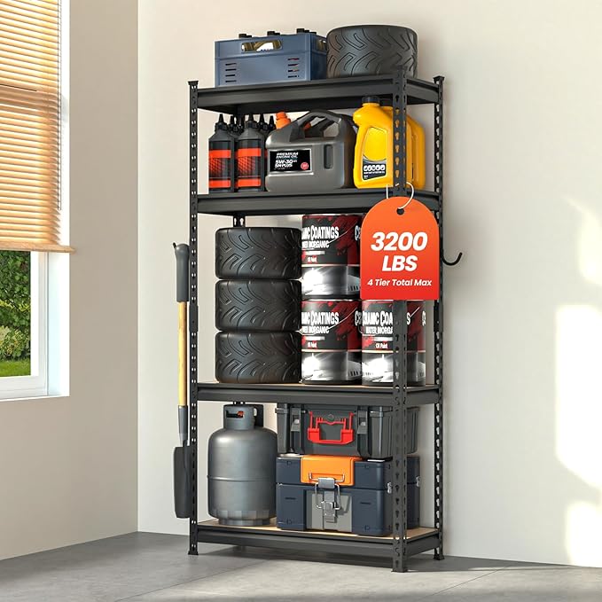 DYNALOAD 3200 Lbs Heavy Duty Garage Shelving, 4-Tier Adjustable Metal Storage Shelves, Boltless Steel Utility Rack for Garage Basement Warehouse, 30" W x 12" D x 60" H