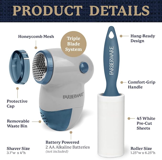 Farberware Fabric Shaver & Lint Roller Set, Portable | Sticky sheets lift pet - Image 6