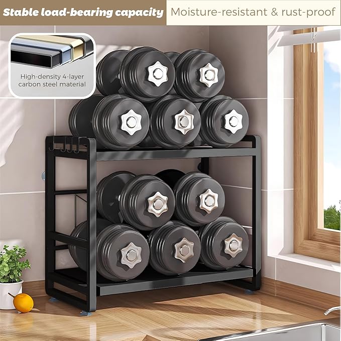 2-Tier Microwave Rack - Height Adjustable & Extendable Kitchen Shelf with Drawer - Carbon Steel - Includes Hooks & Reinforcement Suction Cups - Easy Assembly (Black)