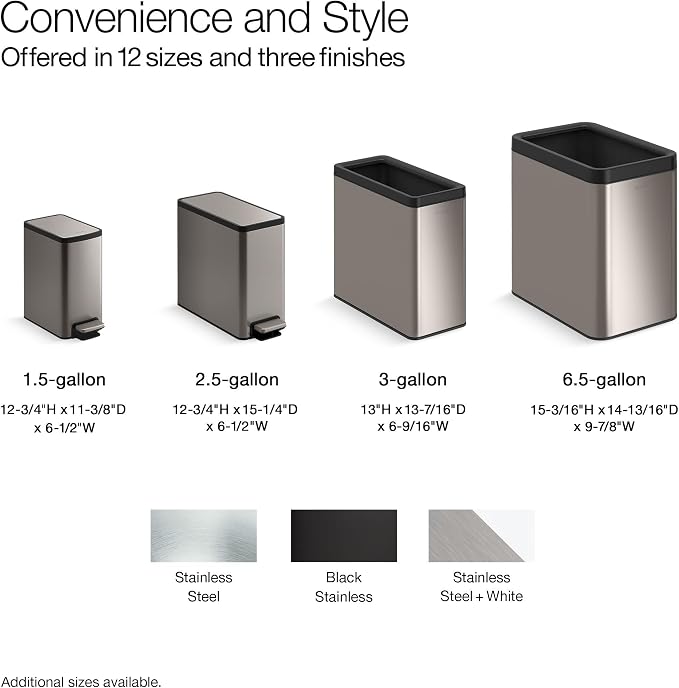 KOHLER 20957-BST Bathroom Trash Can, 2.5 Gallon Step Can, Quiet-Close Trash Can - Image 12