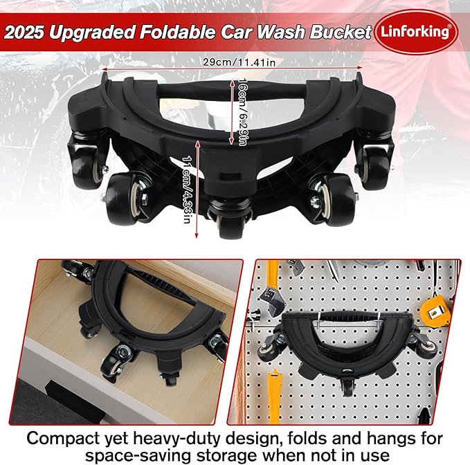 2025 Upgraded Foldable Car Wash Bucket Dolly 5 Gallon with Wheels,360°Rolling Car Wash Buckets Dolly for Washing, Waxing, Removable Bucket Mover,Fits 3.5–5 Gallon Buckets,Supports Up to 265 lbs