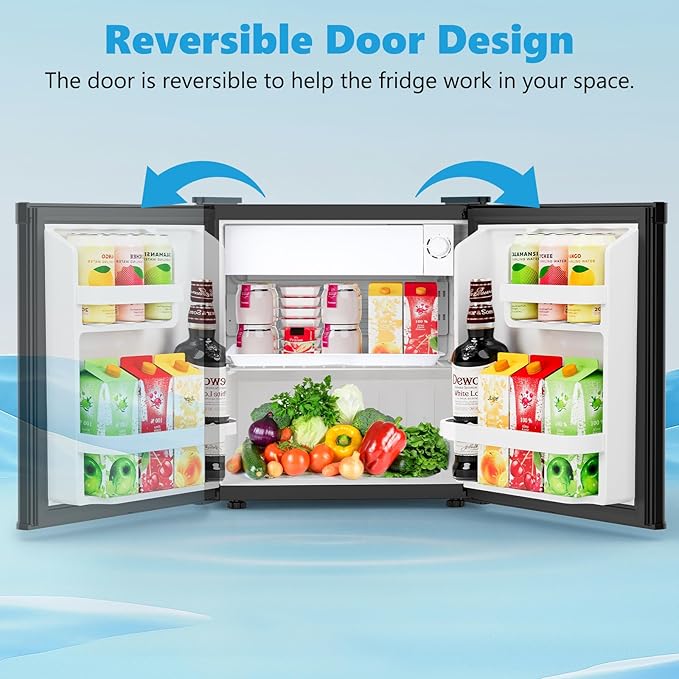 1.6 Cu.ft Mini Fridge with Freezer, Compact Single Reversible Door Refrigerator, Adjustable Thermostat, Ultra Quiet, Energy Efficient for Office, Dorm, Bedroom, Apartment -Black