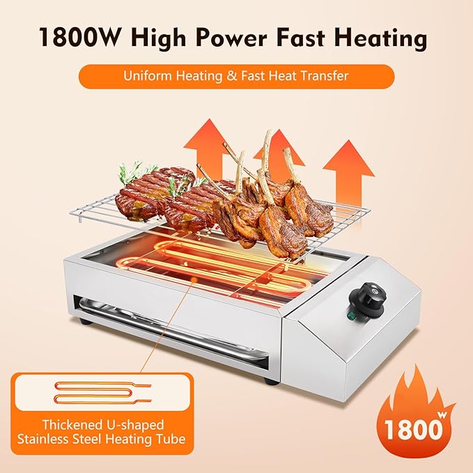 Countertop Electric BBQ Grill, 1800W Commercial Smokeless Barbecue Oven with Adjustable Temperature, Portable Stainless Steel Grill for Party Home Camping Cooking