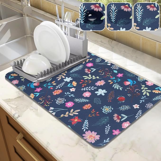 LOKHOM 12"x20" Dish Drying Mat，Colorful Floral Coffee Mat Blue | Colorful by LOKHOM