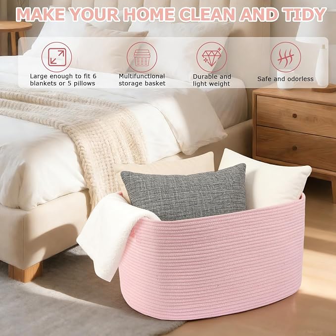 75L Large Woven Storage Basket, 22”x17”x12” Rectangle Blanket Basket - Image 5