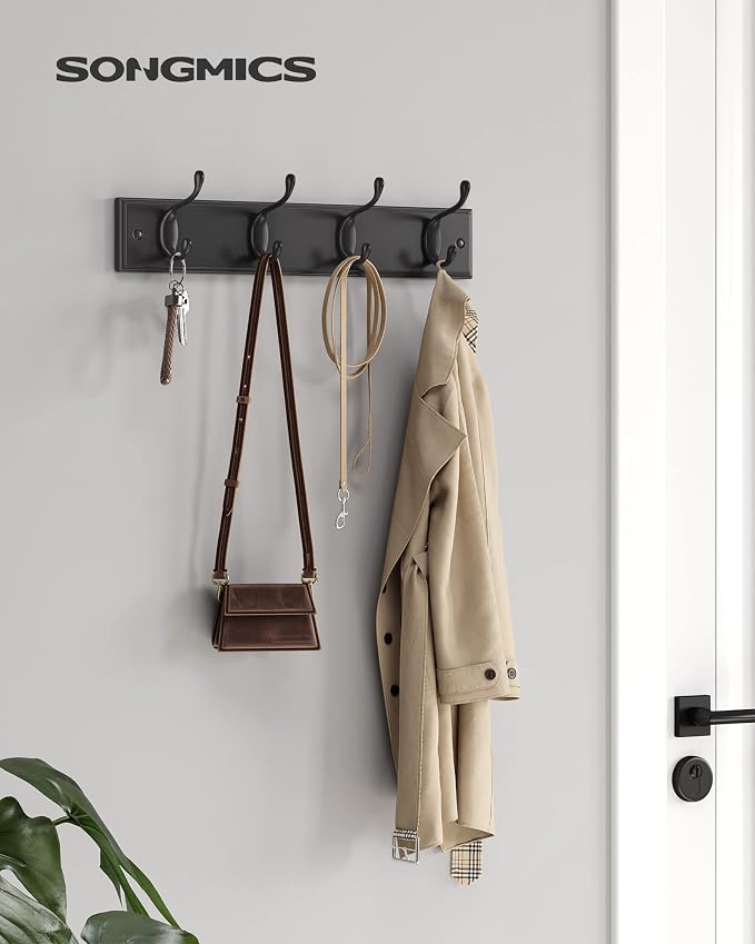SONGMICS Wall-Mounted Coat Rack, Hook Rack, 4 Dual Metal Hooks, in the Entryway - Image 2