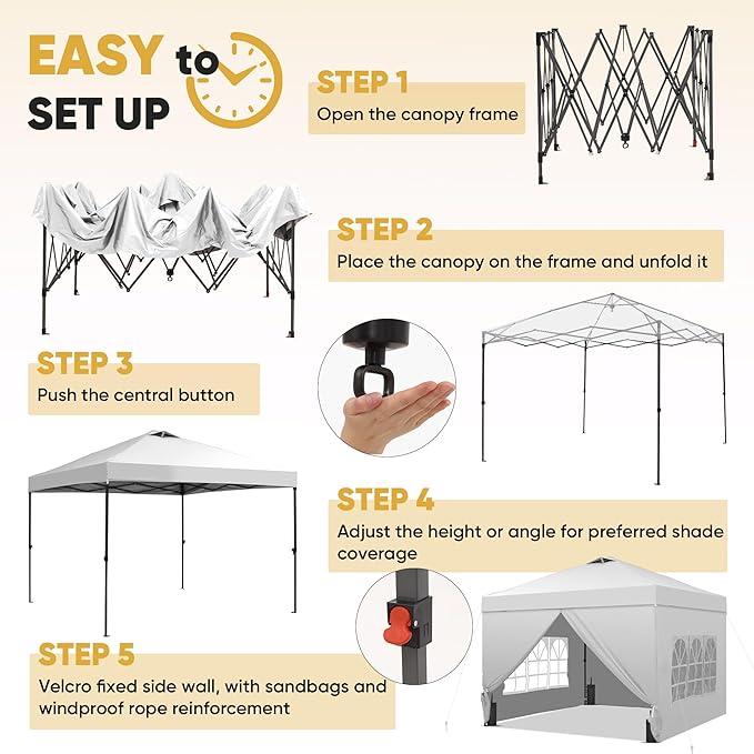 Saemoza 12x12 Pop Up Canopy Tent with One Push Setup, Portable Sun Shade Tent, Instant Easy Up Canopy with 4-Sidewalls & Wheeled Bag, Outdoor Fldable Gazebo with Vent Top, White.