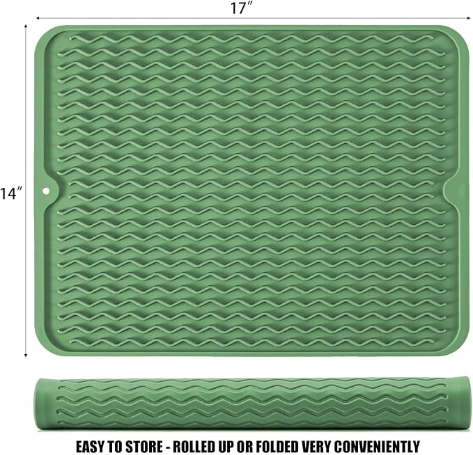Silicone Dish Drying Mat, Non-Slip Easy Clean Sink Mat, Dark Green, Large - Image 2