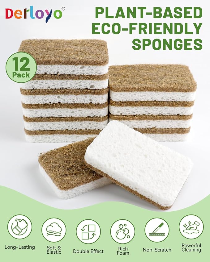 Natural Kitchen Sponges-12 Pack, Cellulose & Coconut Scrubber Dish Sponges | - Image 7