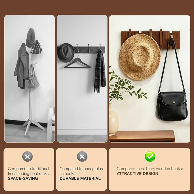 Coat Rack Wall Mount, Walnut 5 Flip-Down Picket Hanger Hooks - Image 6