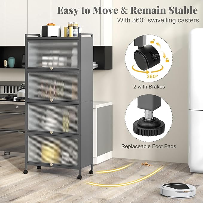 Giantex 5-Tier Kitchen Storage Cabinet, Mobile Microwave Stand with Flip-up PC Doors, Freestanding Kitchen Bakers Rack with 4 Rolling Casters, for Dining Room, Living Room and Study, Grey