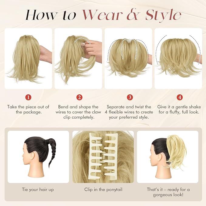 Sofeiyan Claw Clip Short Ponytail Extension DIY Bendable Wires Hair Bun Fluffy Fake Hair Piece Straight Synthetic Hair Ponytail Extensions for Wonen - Blonde with Light