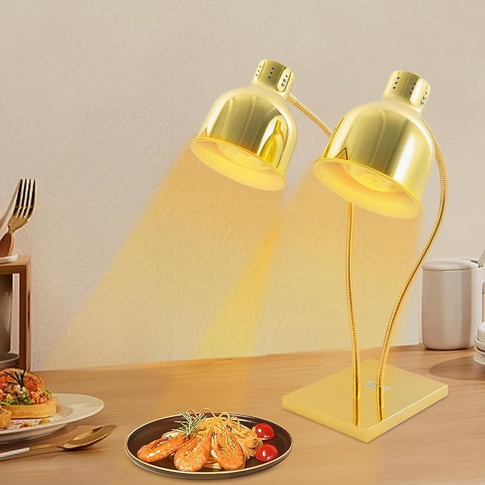 Food Heat Lamp Warmer Gold, 500W Double Bulbs Buffet Display Heating Preservation Light, Lighting for Food Buffet, Electric Portable Infrared Heating Lamp with 360°Adjustable Head (Gold)