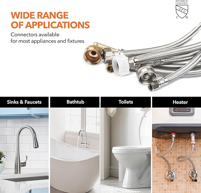 Stainless Steel Braided Water Connectors with Reinforced PVC Inner Hose for Faucets, 3/8" Compression x 1/2" FIP, 20" Length (5Pack)