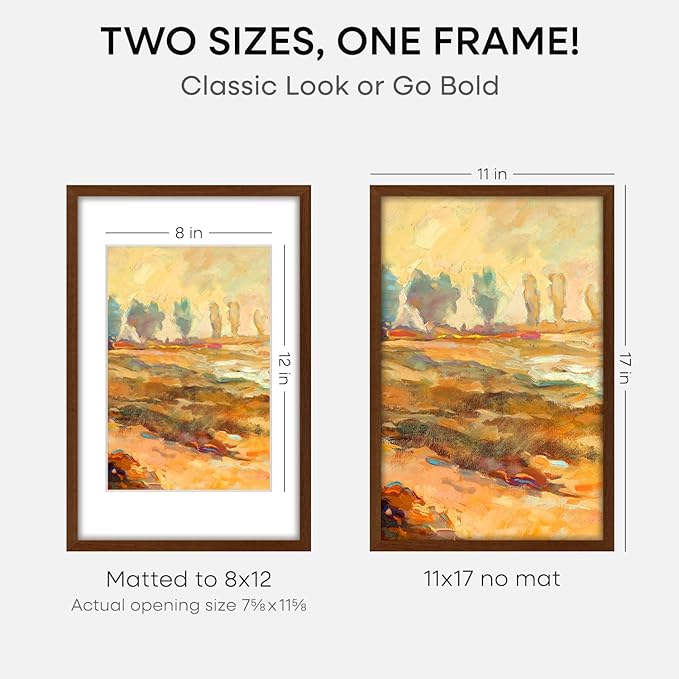 Homeforia 11x17 Brown Picture Frame, High End Dark Oak 11x17 Poster Wood Frame with Mat 8x12 Print, 11 x 17 Wooden Walnut Frame Matted to 8 x 12 Photo, 17x11 Frames, Tempered Glass, Wall Kit, Set of 3
