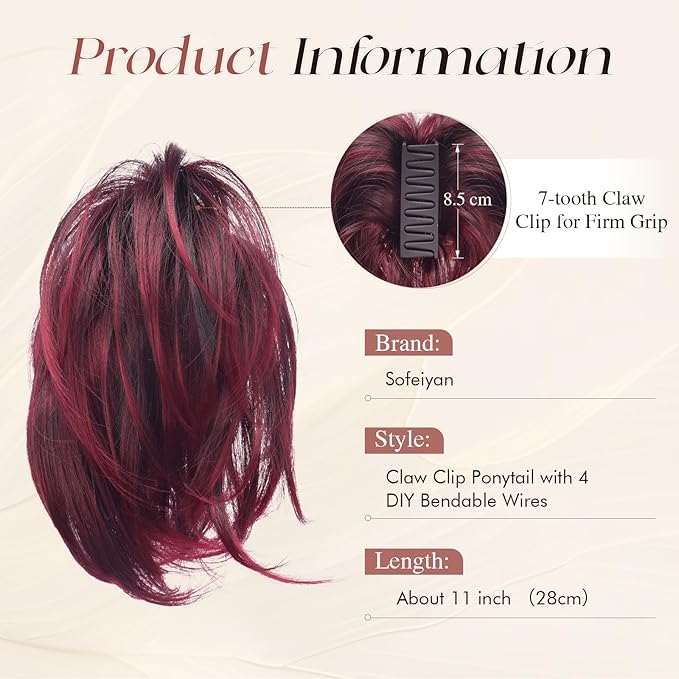 SOFEIYAN Claw Clip Short Ponytail Extension DIY Bendable Wires Hair Bun Fluffy Fake Hair Piece Straight Synthetic Hair Ponytail Extensions for Wonen - Wine Red