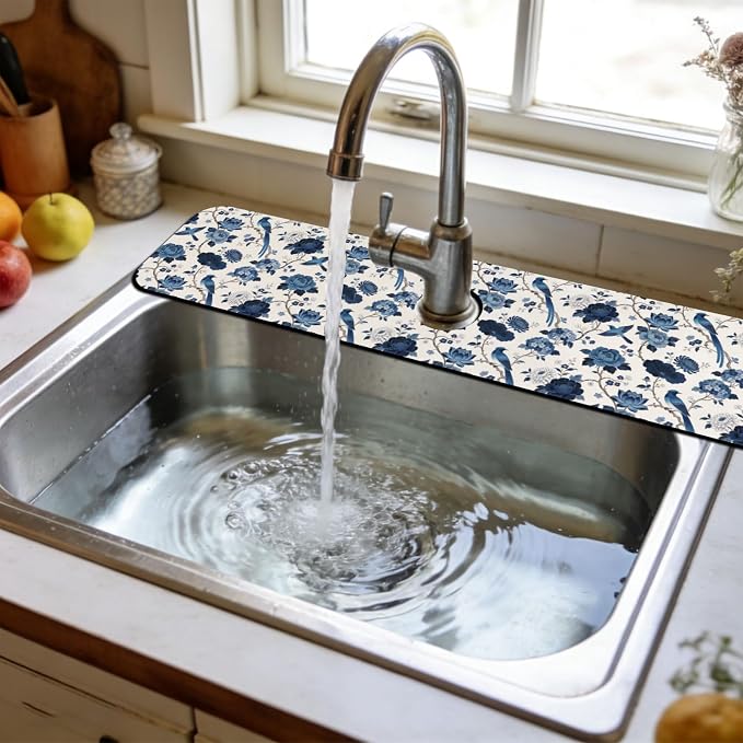 3 Pcs 2 Size Kitchen Sink Splash Guard Faucet Mat Blue Flowers and Birds - Image 6