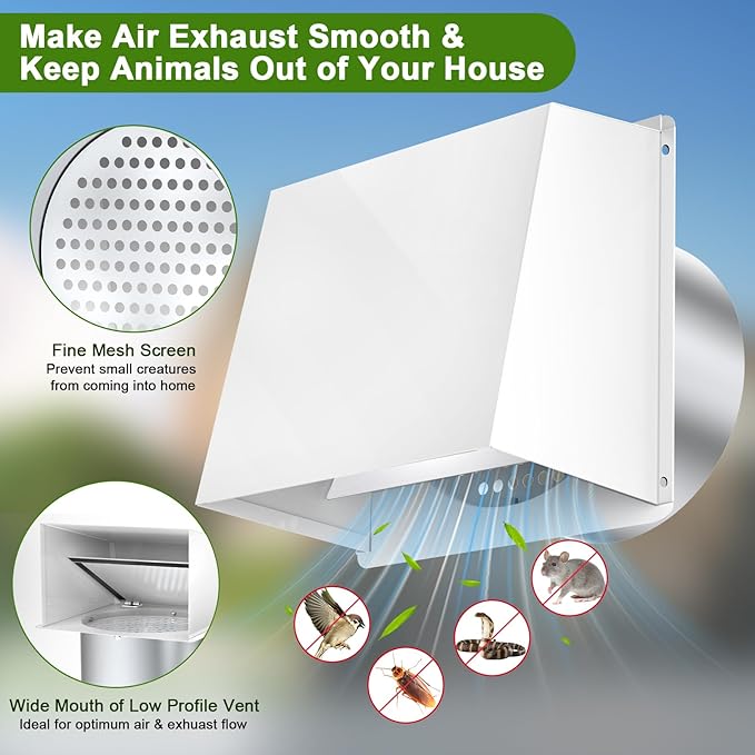 10 Inch Hooded Wall Vent, Dryer Wall Vent Cover Outside with Screen and Damper, Wall Exhaust Vent Cover, Outdoor Air Vent Cap for Range Hoods/Kitchen/Bathroom/Laundry/Basements/Garages, White