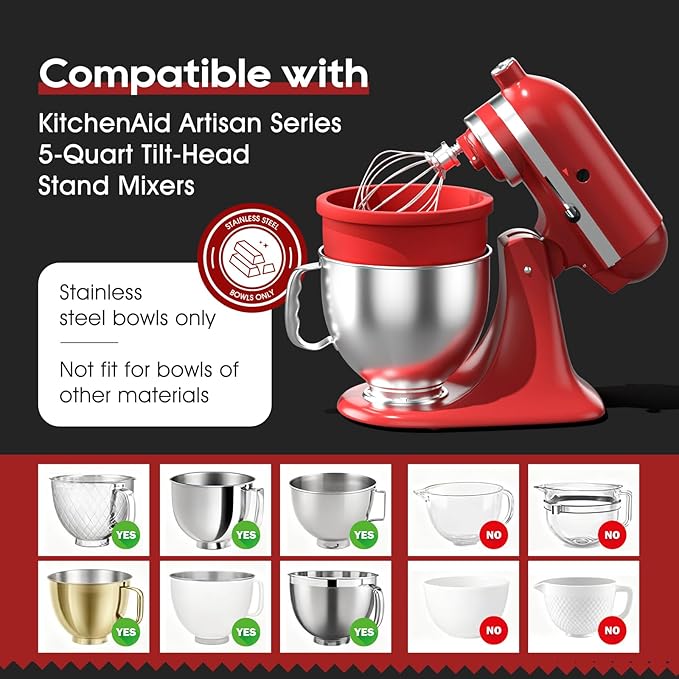Silicone Bowl Liners for 5 Qt KitchenAid Mixers,3 Liners with Lids,Compatible with Stand Mixers,Non-Stick,Dishwasher Safe,Kitchen Accessory,White&Red&Black
