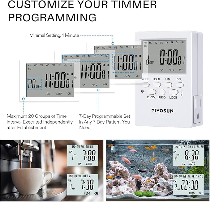 VIVOSUN Digital Timer Outlet 7 Day Programmable Digital Outlet Timer with 2 Independent Outlets 3 Prong, 20 on/Off Programs Groups, Countdown Setting, Indoor for Light Lamp, Fan（1Pack）