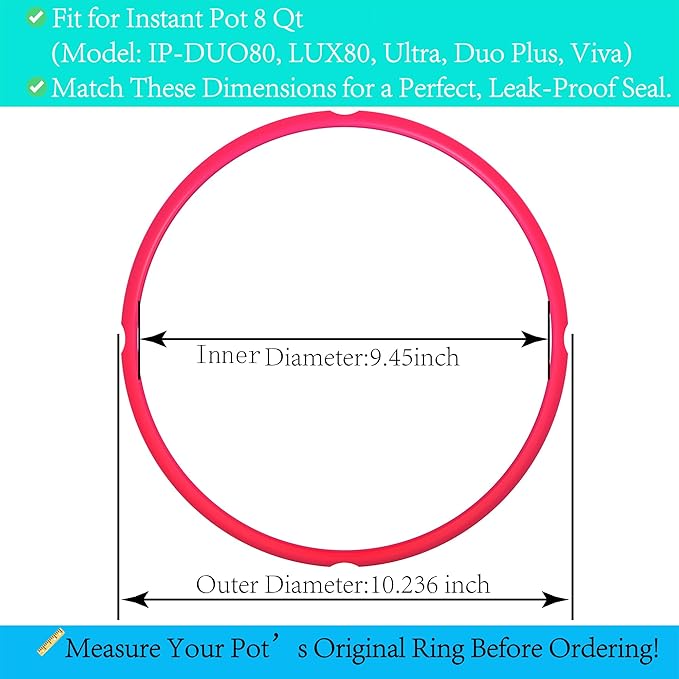 8Qt Silicone Sealing Ring with Steam Release Valve (3-Pack) - Dishwasher Safe Replacement Gasket Fits Select Instanpot 8Qt Models (Ultra, Viva, Duo Plus, IP-DUO80, IP-LUX80).