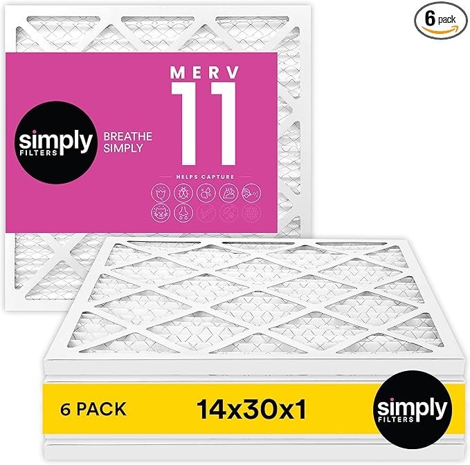 Simply 14x30x1 Air Filter, MERV 11, 6 Pack, For Home AC Furnace & HVAC (Actual Size: 13.75"x29.75"x0.75") DUST, Pet, & Allergy Control