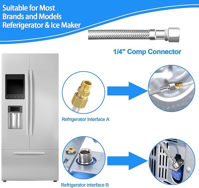 Fridge Water Line Kit - 30FT Premium Stainless Steel Braided Refrigerator Water Line with Tee Stop Valve,Foodgrade PEX Inner Tube Ice Maker Water Line with 1/4" Fittings for Refrigerator Ice Maker