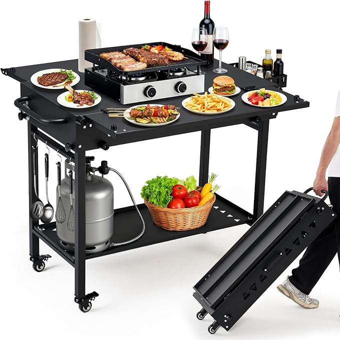 Portable Outdoor Grill Table with Wheels, Heavy-Duty Steel Prep Table, Folding Griddle Stand with Shelves, Bottle Opener, No Assembly Required, for BBQ, Pizza Oven, Patio
