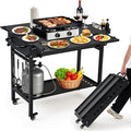 Portable Outdoor Grill Table with Wheels, Heavy-Duty Steel Prep Table, Folding Griddle Stand with Shelves, Bottle Opener, No Assembly Required, for BBQ, Pizza Oven, Patio