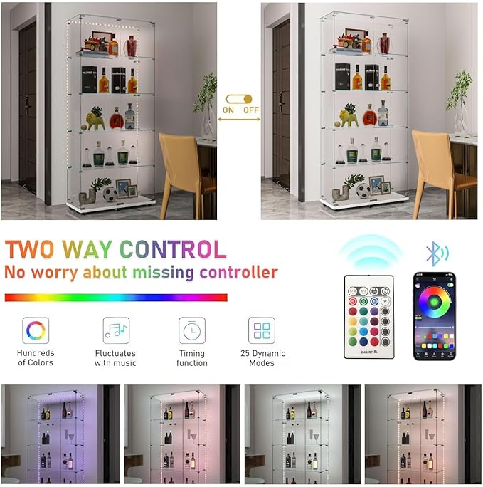 Glass Display Cabinet with LED Light Strip, 5 Shelves with 2 Doors, Glass Top Curio Storage Cabinets with Lock & Caster for Living Room,Floor Standing Bookshelf, Quick Installation - White