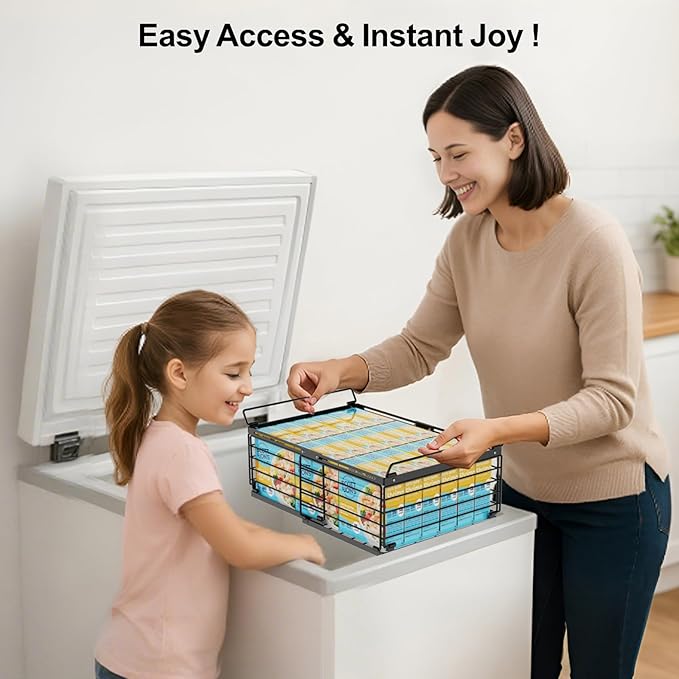 iSPECLE Deep Freezer Organizer Bins for 10 to 20 Cu.Ft, 4 Pack Stackable & Hanging Baskets, Expandable Metal Wire Storage System, Fits 17.5"-22.6" Width, Chest Freezer Only, Black