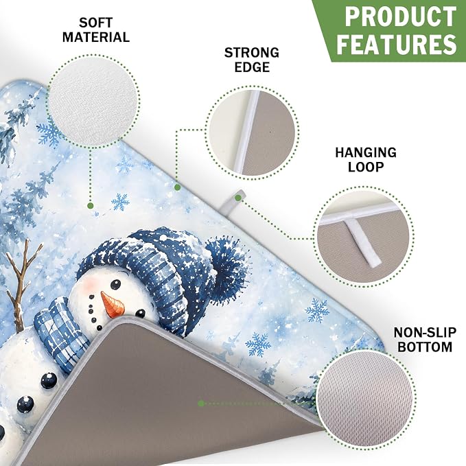 Kawani Winter Snowman Decorations Dish Drying Mat 16x18 Inch | Blue Snowman - Image 3