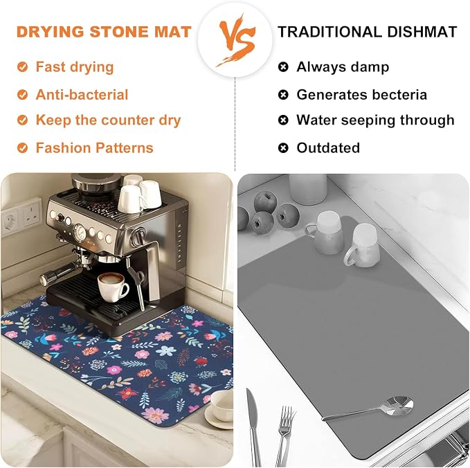 LOKHOM 12"x20" Dish Drying Mat，Colorful Floral Coffee Mat Blue | Colorful - Image 6