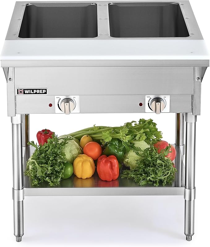 WILPREP 2 Well Commercial Food Warmer, 1000W Electric Steam Table with 8" Cutting Board & Storage Shelf, 30" Stainless Steel Steam Table Food Warmer with Knob Control for Catering Buffets Restaurants