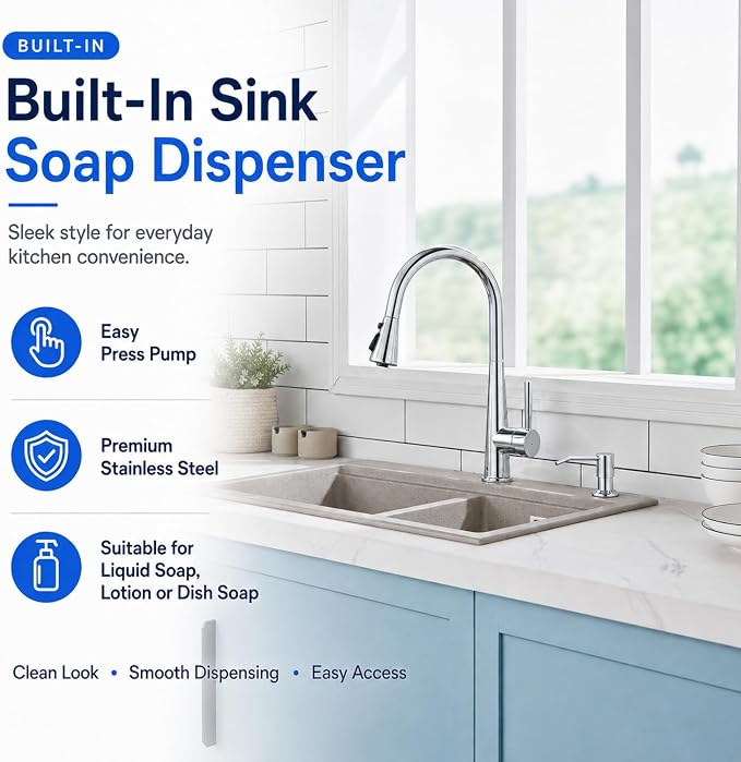 Soap Dispenser for Kitchen Sink, Wardock Built in Soap Dispenser Chrome | - Image 3