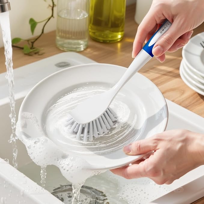 Dish Brush with Handle, 2 Pack Kitchen Scrub Brushes with Built-in Scraper - Image 8