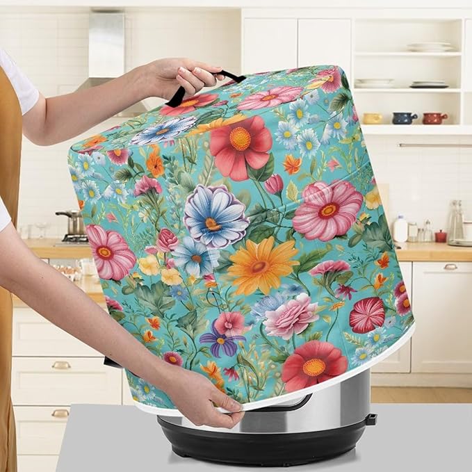 TODIYADDU Green Colorful Floral Pressure Cooker Cover with Handle Fashion Kitchen Appliance Dust Covers for Portable Air Fryer Dust Cover Round Protective Cover Bag Trendy Home Decors