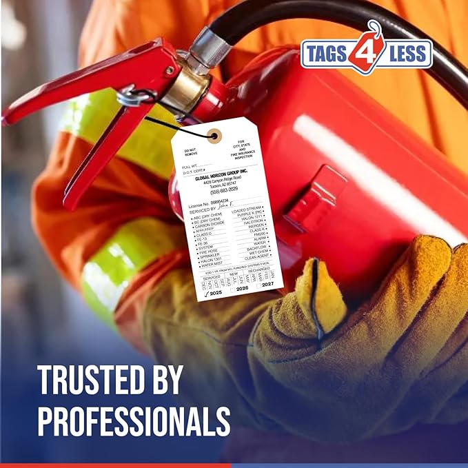 Tags 4 Less Custom Fire Extinguisher Tags – Preventative Maintenance Labels for Monthly Inspections, Alternative to Safety Sticker for Easy Record-Keeping – Pack of 100 (White, Cardboard)