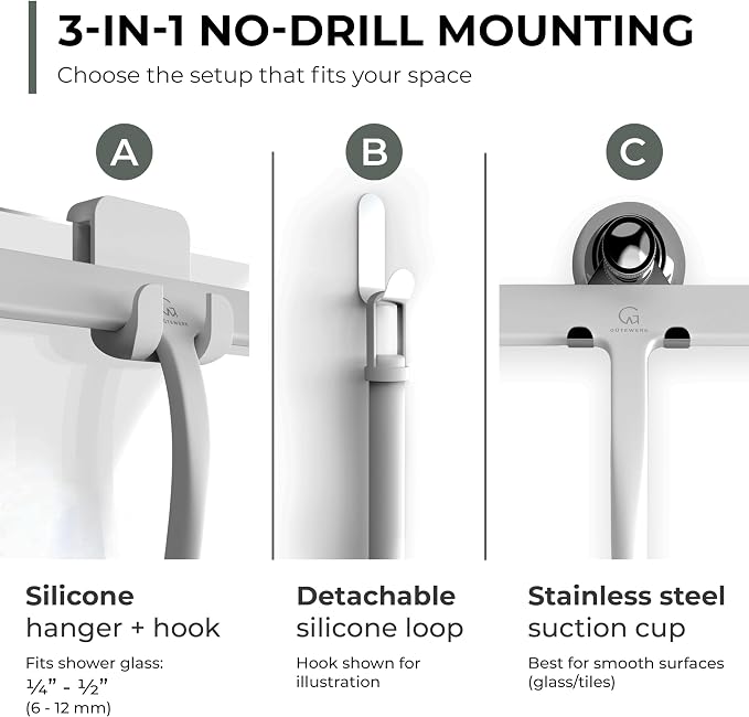 Silicone Shower Squeegee with 3-in-1 No-Drill Mount, Streak-Free & No-Squeak - Image 3