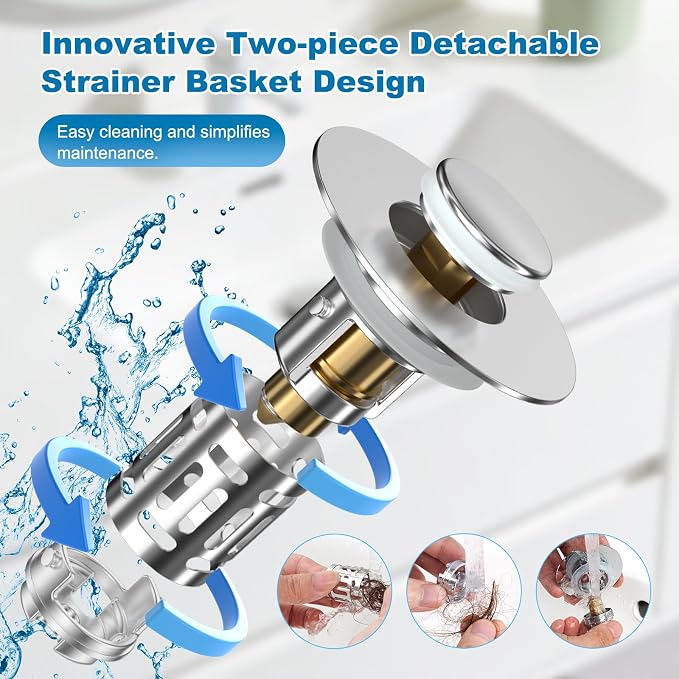 Hibbent 2 Pack Bathroom Sink Drain Strainer, 3 in 1 Pop Up Stopper | Universal - Image 3